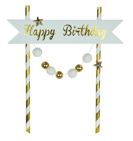 TOPPER na tort „Happy Birthday” pomponiki złote