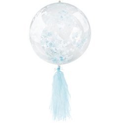 Balon przezroczysty z niebieskim konfetti i frędzlami, 45cm