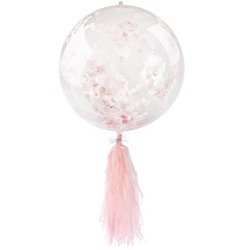 Balon przezroczysty z różowo-czerwonym konfetti i frędzlami, 45cm