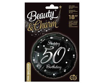 Balon foliowy Happy 50 Birthday, czarny srebrny nadruk, 46 cm