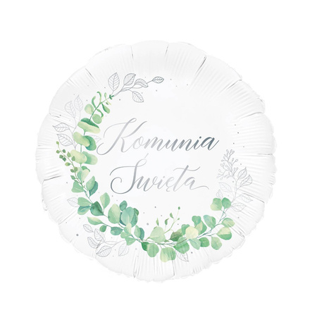 Balon foliowy okrągły Pierwsza Komunia Święta, srebrny, 46 cm