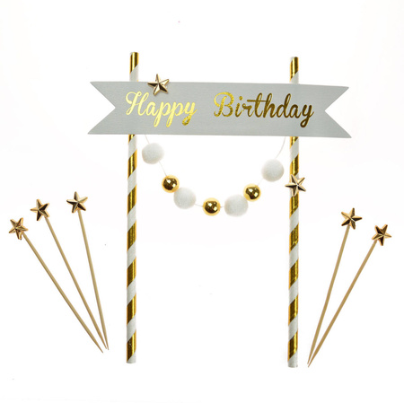 TOPPER na tort „Happy Birthday” pomponiki złote