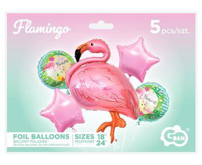 Balony foliowe - zestaw Flaming, Happy Birthday 5 szt.