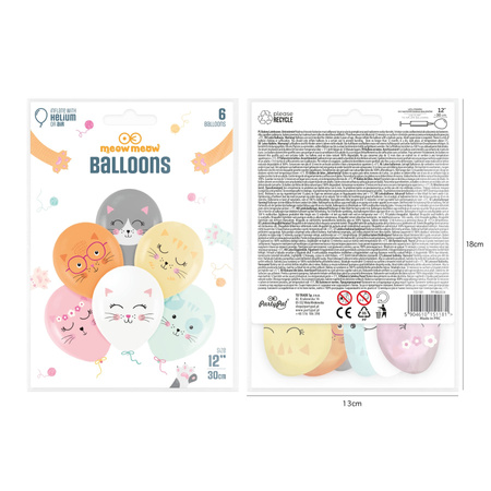 Balony lateksowe Kotki, kolorowe, 30 cm, 6szt.