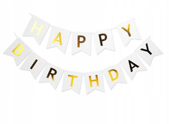Girlanda urodzinowa Happy Birthday Biała, złoty napis