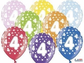 Balony lateksowe z nadrukiem '4' na urodziny, Metaliczne Mix, 30cm, 6 szt.