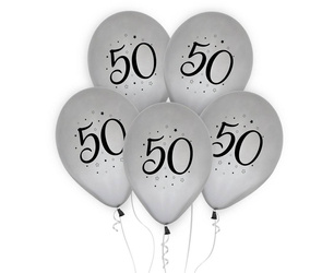 Balony liczba 50 urodziny, srebrne, 12", 5 szt.