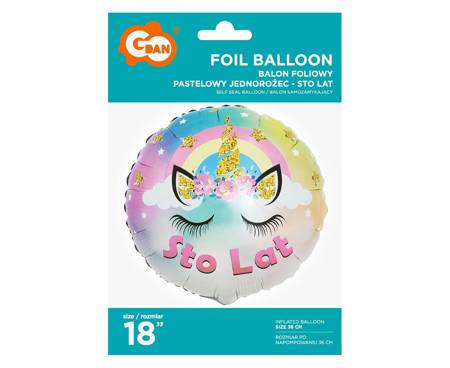 Balon Foliowy, Pastelowy Jednorożec - Sto Lat, 46cm