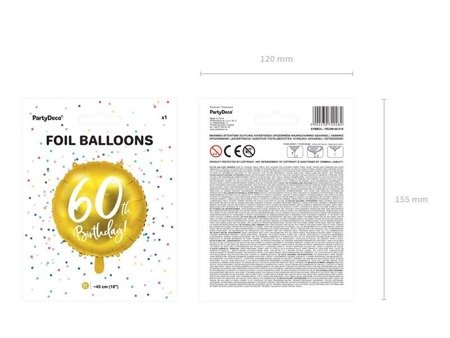 Balon foliowy 60th Birthday, złoty, średnica 45cm