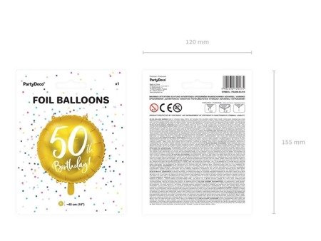 Balon foliowy urodzinowy 50th Birthday, złoty, 45cm