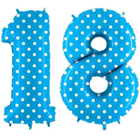 Balony Foliowe Cyfry 18 Urodziny, Niebieskie w Groszki 102cm GRABO, Zestaw na Osiemnastkę
