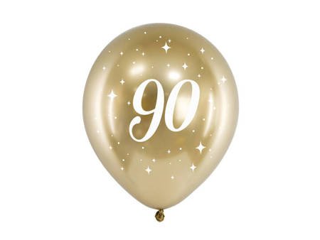 Balony Glossy 90 urodziny, Złoty chrom, 30cm, 6 szt.