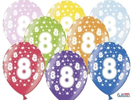Balony lateksowe z nadrukiem '8' na urodziny, Metaliczne Mix, 30cm, 6 szt.