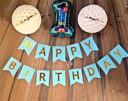 Girlanda urodzinowa Happy Birthday Niebieska, złoty napis, Duża, 20cm