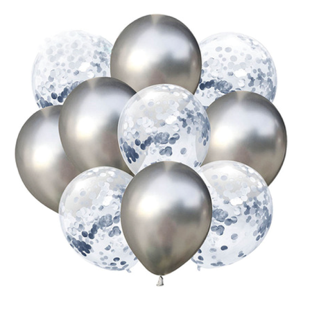 Zestaw balonów srebrne chrom z konfetti, 30cm, 10 sztuk